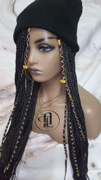 Beanie Hat Black Box Braid Boho Style Long Hat Beanie Braided Hat Winter fall fashion Cap Wig Hat Chemo Hat Alopecia Gold Accents Charms