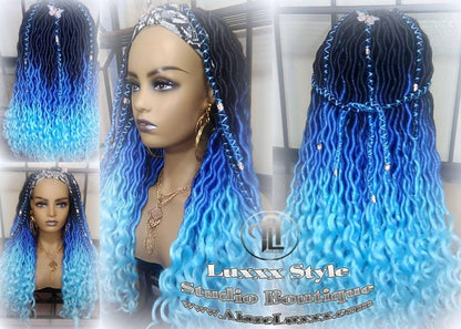 Headband wig Blue Ombre gradient Goddess Faux Locs Dreadlock Wig Mermaid curly long rainbow boho bohemian wig