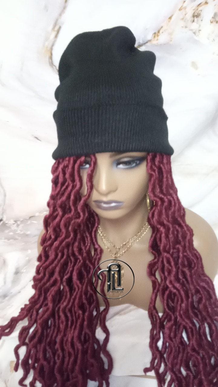 Beanie Hat Burgundy wavy faux locs Boho Style Long Hat Beanie Braided Hat Winter fall fashion Cap Wig Hat Chemo Hat Alopecia