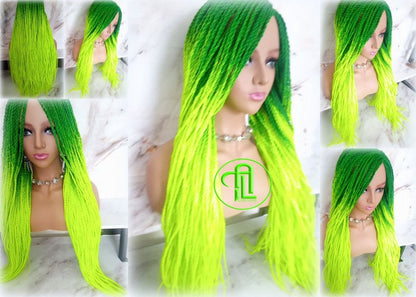 Green Florescent Gradient Chartreuse Slime Green Ombre Senegalese Twist Braid Wig Small Long Unicorn Braids Neon Festival EDC