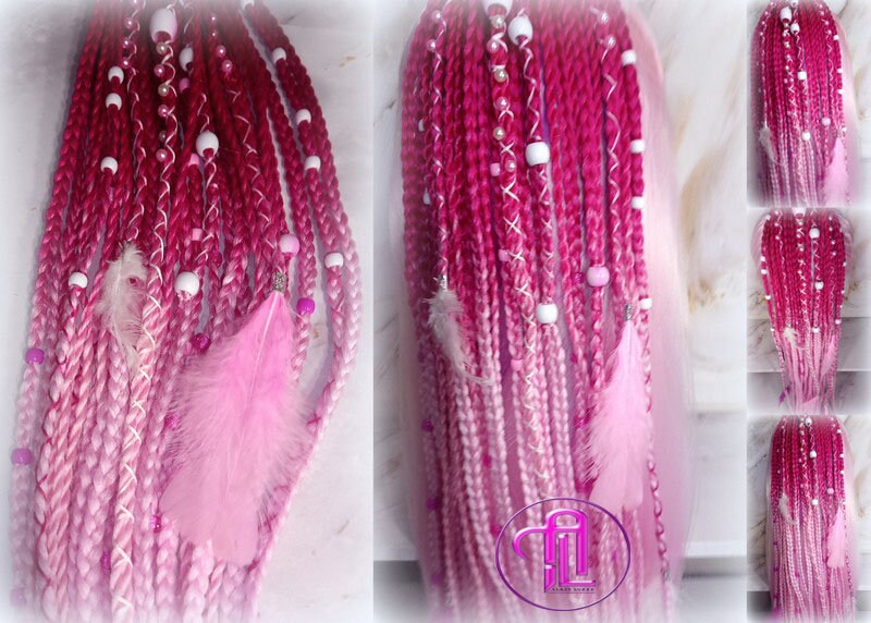 Ponytail Hair Fall Extensions Dark Pink Light Pink Ombre Elements Accents Feathers synthetic box braids hair scrunchie clip in Clip on Braid