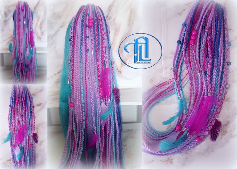 Ponytail Hair Fall Extensions Purple Pink Blue Elements Accents Feathers synthetic box braids hair scrunchie clip in Clip on Braids