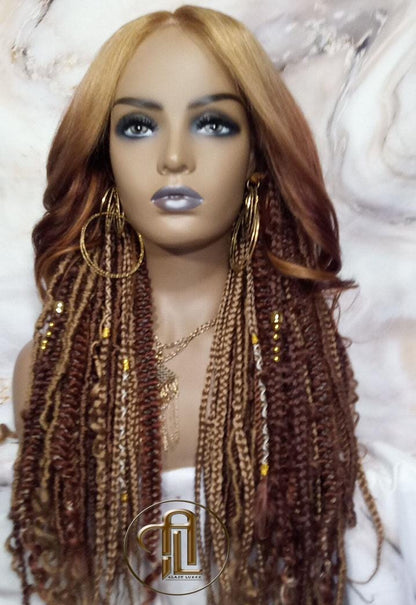 Human Hair Lace Frontal Dread Braid Twist Boho Synthetic Middle Part Bohemian Ombre Brown Blonde Long Wavy Curly Balayage Wig Viking Wig