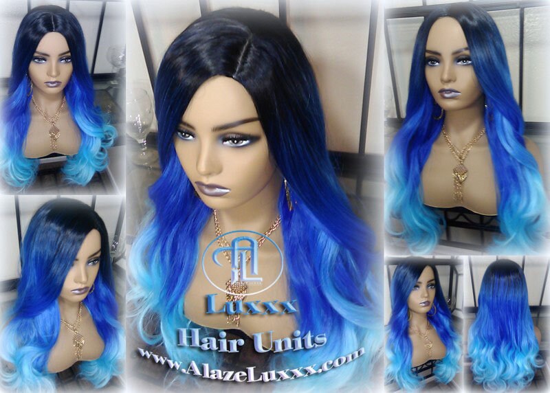 Blue Ombre Gradient Human Hair Wig Weave Extensions Mermaid long rainbow weave weft tracks bohemian Goddess