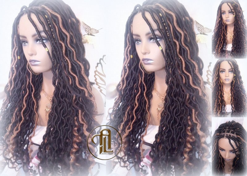 Bohemian Goddess Faux Loc Wig 4x4 Lace Closure No Baby Hairs Dread Wig Wavy Black Dreads Honey Blonde 27 Synthetic Nu Goth Marley Dred Lock