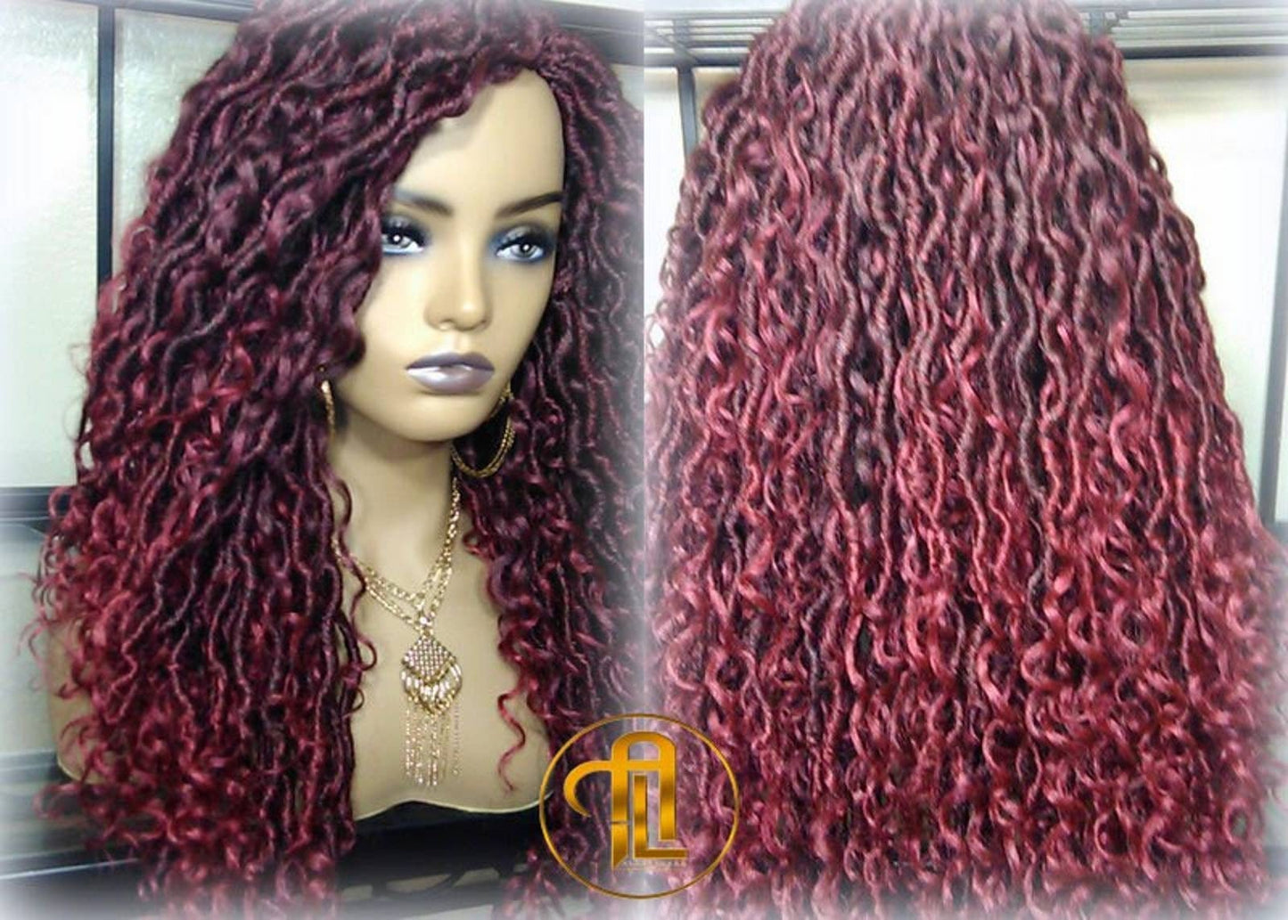 Red 530 Black Mix Goddess Faux Loc Curly Boho Braided Wig Gypsy Bohemian Boho Dread DE SE Dred Lock Hair wig Ready to ship