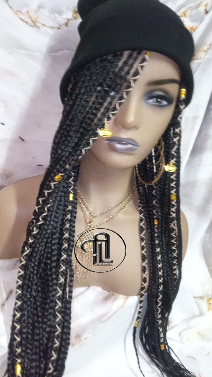 Beanie Hat Black Box Braid Boho Style Long Hat Beanie Braided Hat Winter fall fashion Cap Wig Hat Chemo Hat Alopecia Gold Accents Charms