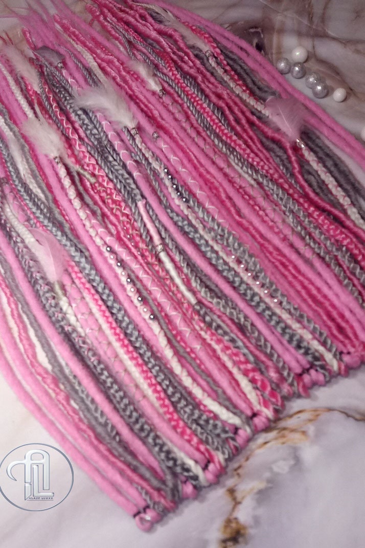 Pink Gray White Straight Single Ended SE Set Kit Soft Crochet Boho Dread Braid Hair Wrap Extensions Festival Hair Partial Single Loop Dread