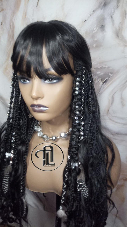 Black Full Wig Dread Braid Bangs Twist Soft Crochet Boho Synthetic Dread Braid Bohemian Black Long Wavy Curly Textured Dreads Silver Decor
