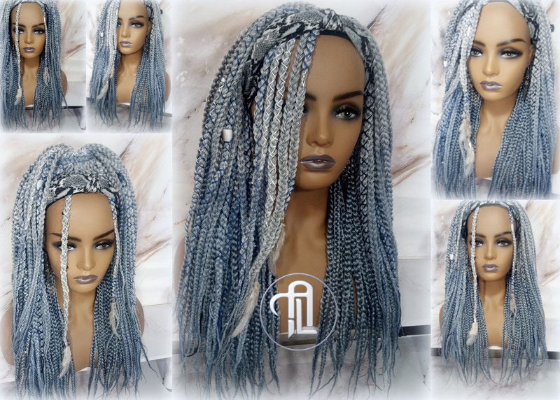 Viking Headband Wig Boho Silver Blue Feathers Accents Pirates Witch Clipin Hair Pieces Norse Temporary Braid in Dread Falls Punk Gothic Goth