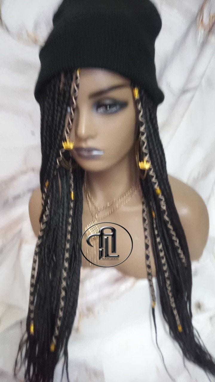 Beanie Hat Black Box Braid Boho Style Long Hat Beanie Braided Hat Winter fall fashion Cap Wig Hat Chemo Hat Alopecia Gold Accents Charms