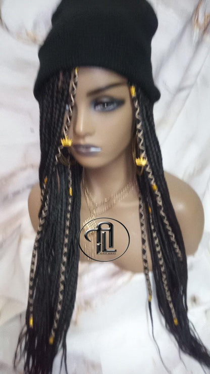 Beanie Hat Black Box Braid Boho Style Long Hat Beanie Braided Hat Winter fall fashion Cap Wig Hat Chemo Hat Alopecia Gold Accents Charms