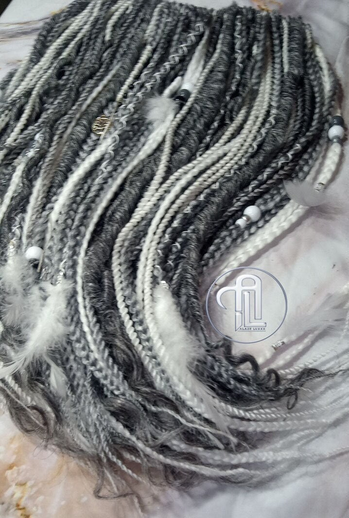 Silver White Grey Single Ended SE  Locs Braids Plaits Hair Extension Boho Festival Burning Man Braid Single Ended Textured Natural Realistic
