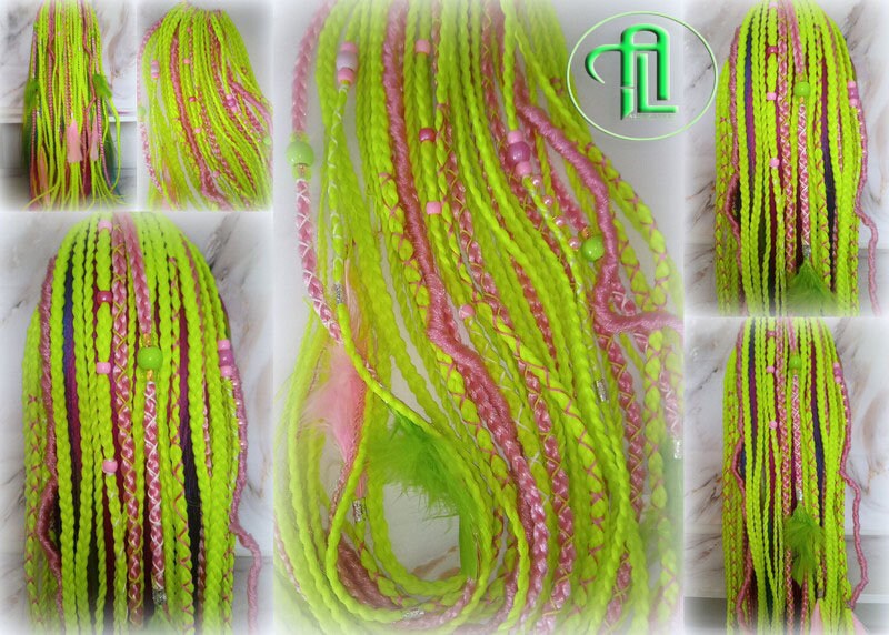 Ponytail Hair Fall Extensions Pink Green Florescent Ombre Elements Accents Feathers synthetic box braid hair scrunchie clip in Clip on Braid
