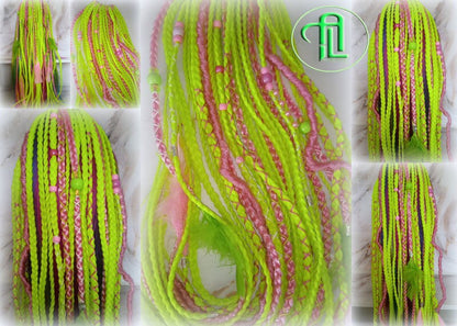 Ponytail Hair Fall Extensions Pink Green Florescent Ombre Elements Accents Feathers synthetic box braid hair scrunchie clip in Clip on Braid