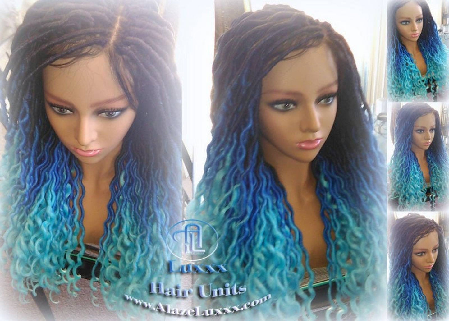 Blue Ombre Goddess Faux Locs Lace Closure w Baby Hairs Faux Loc Wig 4x4 Wig Mermaid curly long rainbow boho bohemian braids wig