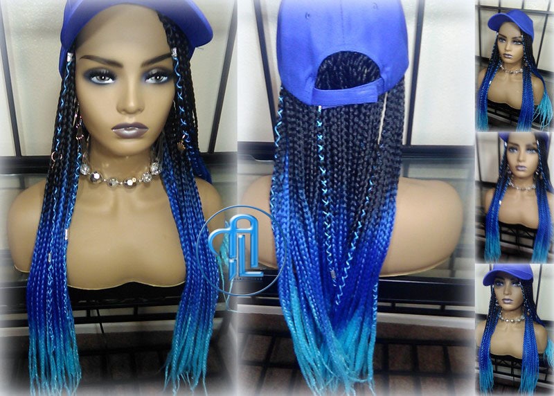 Blue Ombre Box Braid Hat Wig  Gym Hat Baseball Cap  Braided Hat Wig Women’s Hair Summer Hat Winter Hat Hair Cap Wig Hat Chemo Hat Alopecia