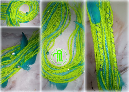 Ponytail Hair Fall Extensions Neon Green Slime Blue Elements Accents Feathers synthetic senegalese twist braids hair scrunchie clip in