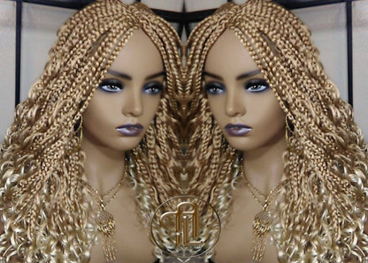Box Braid Boho Short Curly Wig 14' in Blonde 27 613 Mix Ombre Balayage Honey Blonde Platinum Wig for Black White Women Alopecia