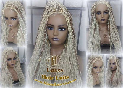 Blonde 613 27 Mix Box Braid Wig Ombre Balayage Honey Blonde Platinum Lace Baby Hair Unit Small Medium Straight Plaits! Braid Lace Wig