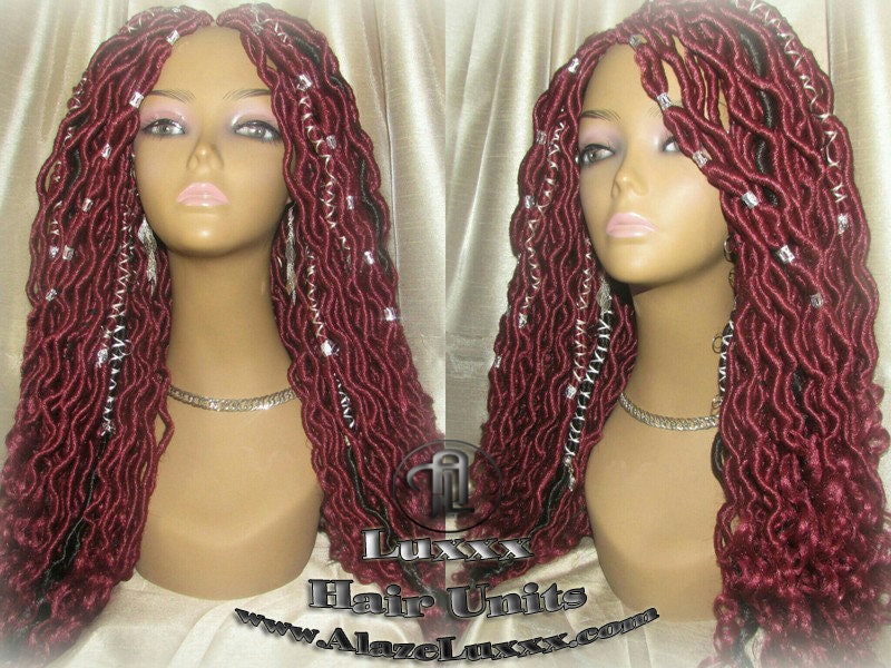 Rich Red Black Goddess Faux Loc Braided Wig Gypsy Bohemian Boho Dread DE SE Dred Lock Crochet Braided Wig Costume Carnival Festival Hair wig