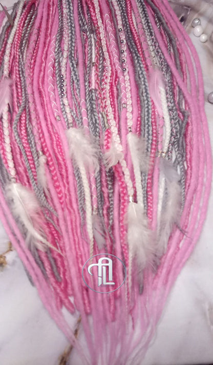 Pink Gray White Straight Single Ended SE Set Kit Soft Crochet Boho Dread Braid Hair Wrap Extensions Festival Hair Partial Single Loop Dread