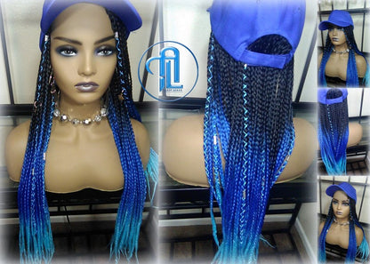 Blue Ombre Box Braid Hat Wig  Gym Hat Baseball Cap  Braided Hat Wig Women’s Hair Summer Hat Winter Hat Hair Cap Wig Hat Chemo Hat Alopecia
