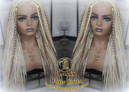 Blonde 613 27 Mix Box Braid Wig Ombre Balayage Honey Blonde Platinum Lace Baby Hair Unit Small Medium Straight Plaits! Braid Lace Wig