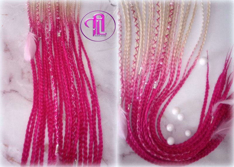 Blonde Pink Ombre Clip in Braid Long 24 in Boho Extensions Pink Ombre Blonde Pink Box braiding hair Rave Festival Elements Feathers