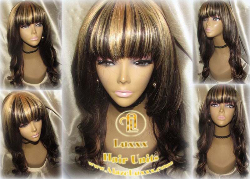 China Chinese Bang Virgin Hair Unit Wig Brown Honey Blonde Ombre Straight Hair Highlights Balayage Brown 27  dark roots Alopecia Wig Stylist