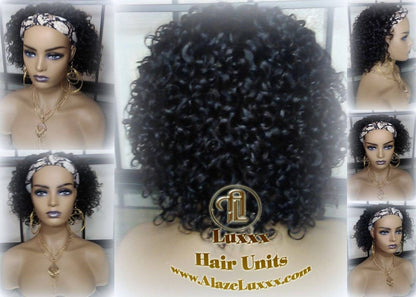 Headband Wig Black 1B Headband Wig Short Black Curly Wavy Ends Hair Human Hair