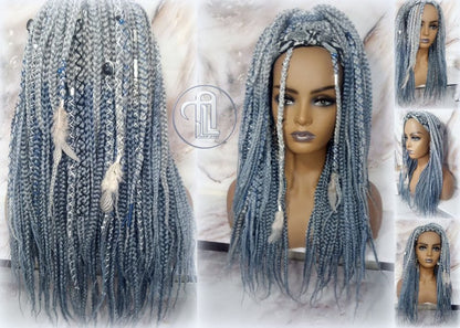 Viking Headband Wig Boho Silver Blue Feathers Accents Pirates Witch Clipin Hair Pieces Norse Temporary Braid in Dread Falls Punk Gothic Goth