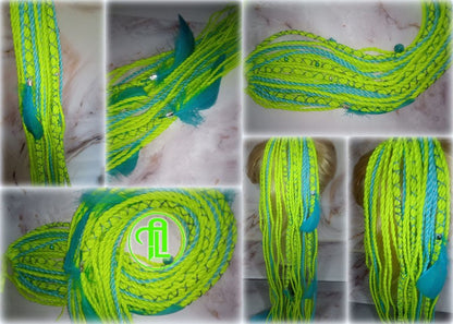 Ponytail Hair Fall Extensions Neon Green Slime Blue Elements Accents Feathers synthetic senegalese twist braids hair scrunchie clip in