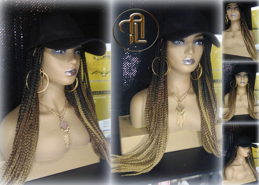 Brown Blonde Ombre Box Braid Hat Wig  Gym Hat Baseball Cap  Braided Hat Wig Women Hair Summer Winter Hat Hair Cap Wig Hat Chemo Hat Alopecia