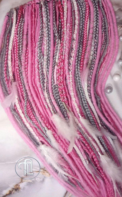 Pink Gray White Straight Single Ended SE Set Kit Soft Crochet Boho Dread Braid Hair Wrap Extensions Festival Hair Partial Single Loop Dread