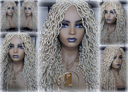 613 Blonde Goddess Faux Locs 14in Short Braid Wig Platinum White Blonde Marley Dred Lock Wig Gypsy Bohemian Boho Lace Part