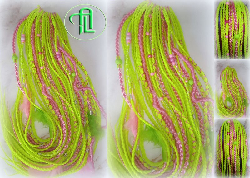 Ponytail Hair Fall Extensions Pink Green Florescent Ombre Elements Accents Feathers synthetic box braid hair scrunchie clip in Clip on Braid