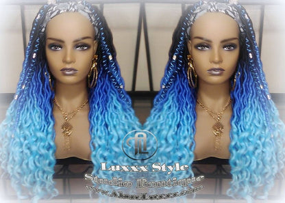 Headband Wig Blue Ombre Gradient Goddess Faux Locs Dreadlock Wig Mermaid curly long winter summer braids wig Blue Rainbow Wig Drag Queen Wig