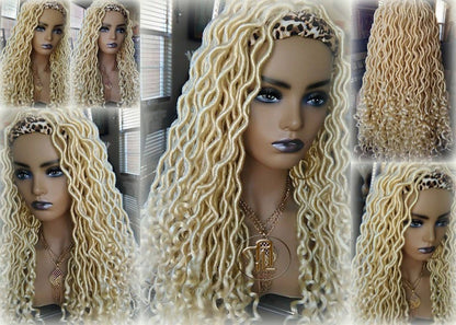 Headband Wig Blonde 613 Platinum Goddess Faux Locs Gypsy Bohemian Boho Dread Loc Wig Blonde Wavy Marley DE SE Dred Lock Crochet Braided Wig