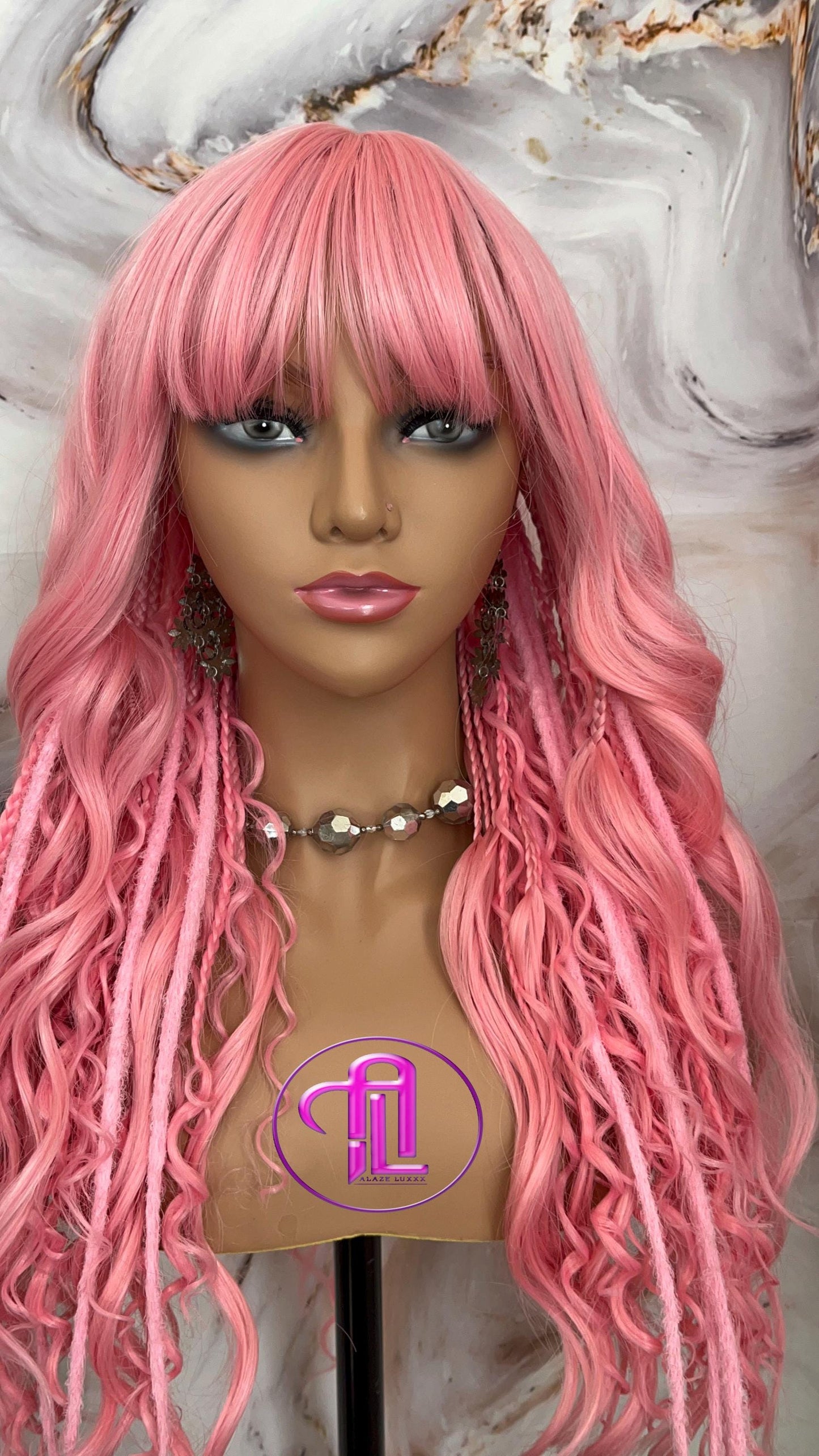 Pink Dread Braid Wig With Bangs – Long Synthetic Boho Glam Wig Chain Snake Goddess Loc Braid Wavy Curly