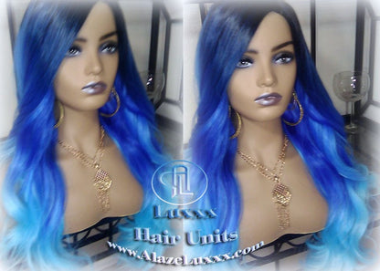 Blue Ombre Gradient Human Hair Wig Weave Extensions Mermaid long rainbow weave weft tracks bohemian Goddess