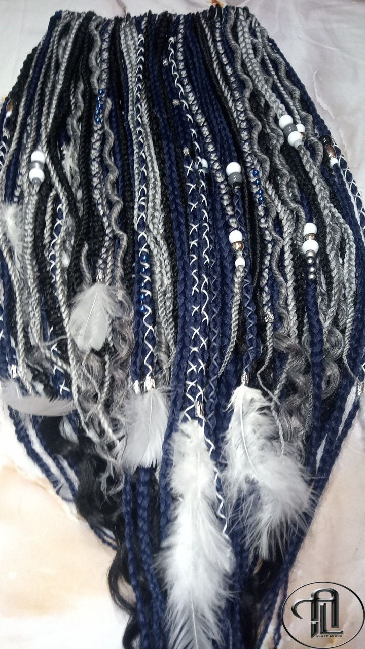 Blue Black Silver Boho Single Ended SE 100 Piece Braids Plaits Twist Soft Crochet Boho Dread Braid Hair Wraps Extensions SE Dread Cuffs Ring