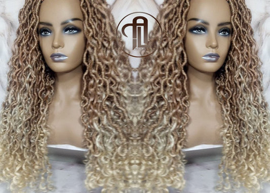 Headband Wig Blonde Mix 27 613 Boho Honey Blonde Goddess Faux Locs Gypsy Bohemian Boho Wig Blonde Marley Curly Waterfall Hair Braided Wig