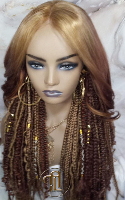 Human Hair Lace Frontal Dread Braid Twist Boho Synthetic Middle Part Bohemian Ombre Brown Blonde Long Wavy Curly Balayage Wig Viking Wig