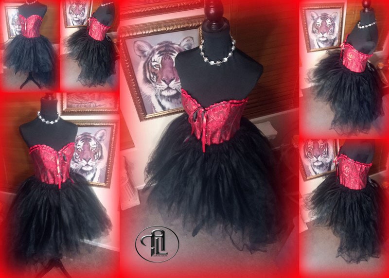 Red Dress Tulle Mesh Skirt Corset Outfit Red Black Hi Low Layered Skirt Prom Anniversary Sweet 16  Sexy Bodycon Costume Adult Birthday
