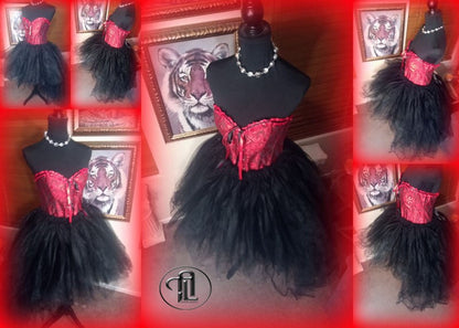 Red Dress Tulle Mesh Skirt Corset Outfit Red Black Hi Low Layered Skirt Prom Anniversary Sweet 16  Sexy Bodycon Costume Adult Birthday